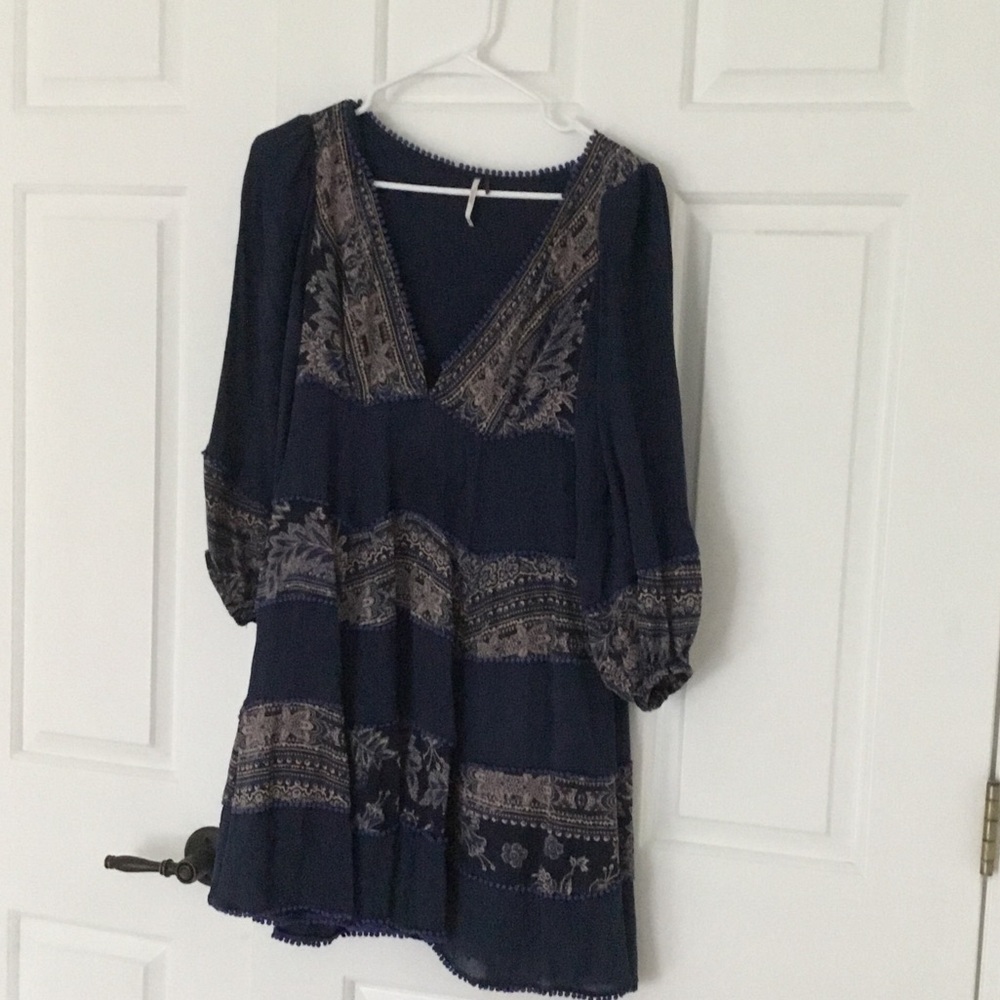 Boho V-Neck Navy Embroidered Women's Dress